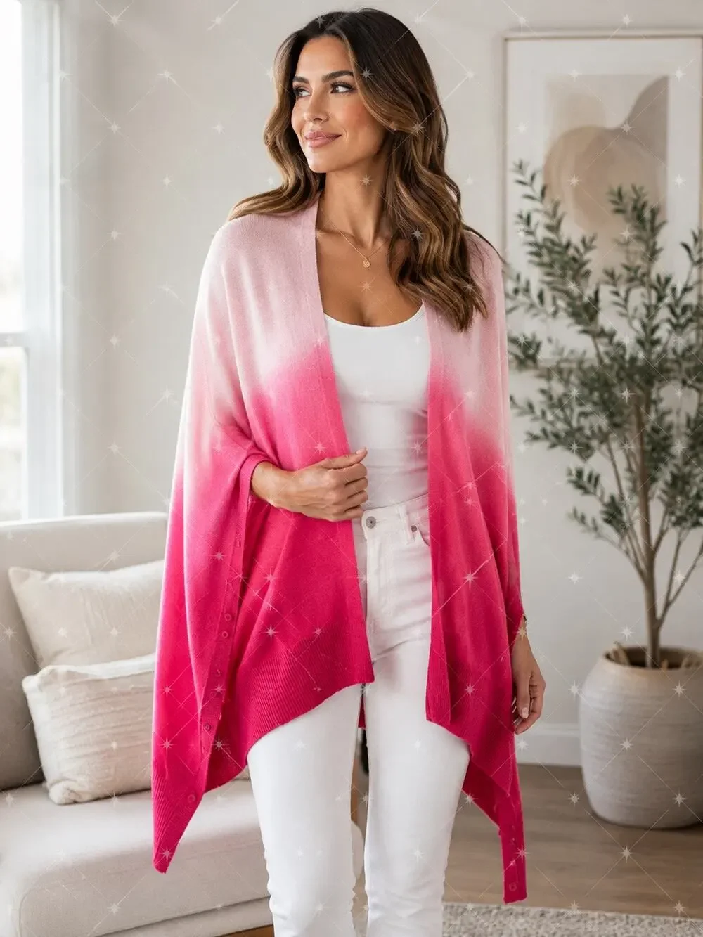 Pink Ombré Convertible Cardigan Wrap Shawl Button Side Cozy Layering Sweater